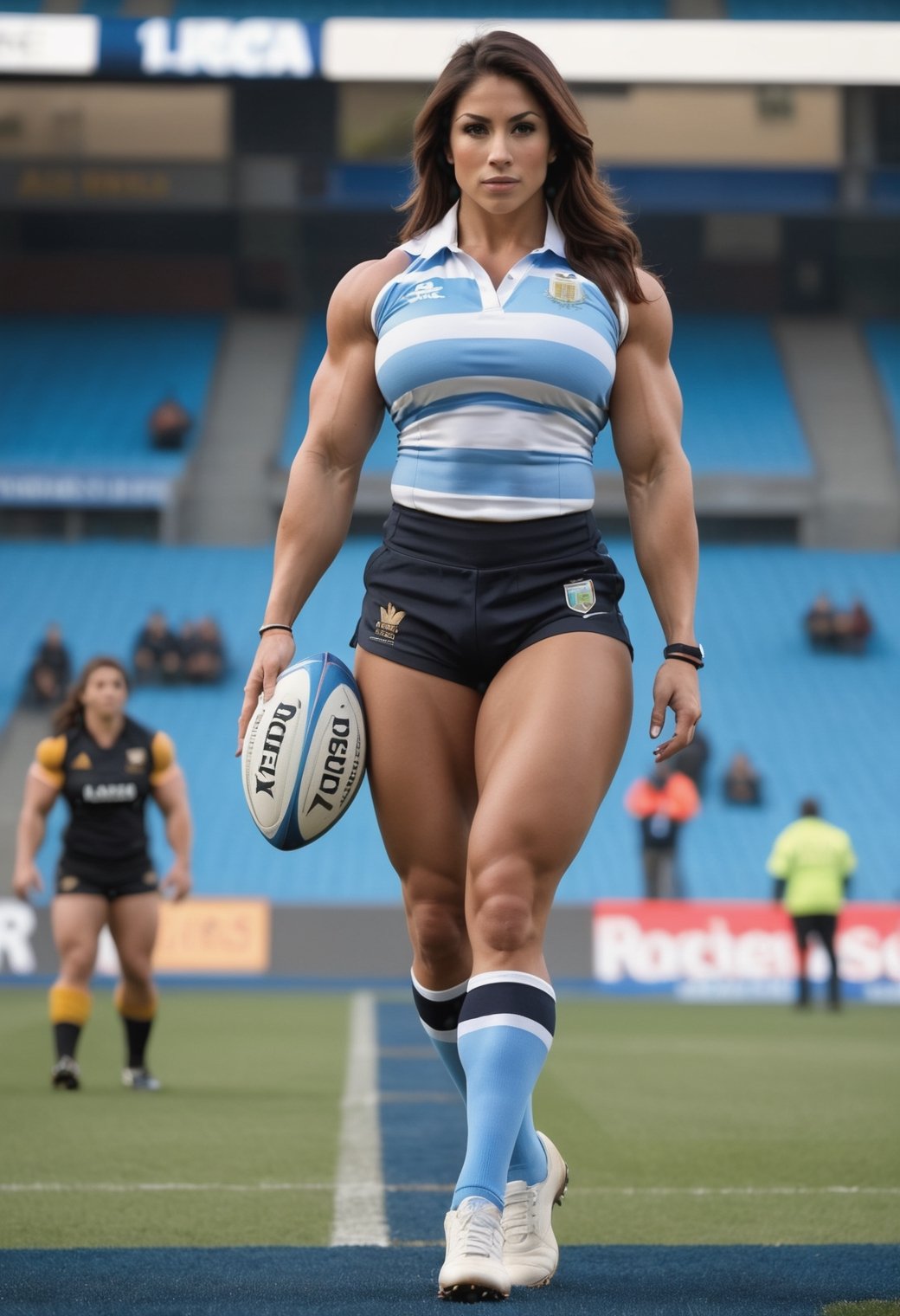 back
beautiful huge muscular bodybuilder woman, big biceps,big arms,big breast, veins, muscle legs,ripped abs.,hyoermuscles,bigger
in rugby stadium
rugby player woman

Attire: She sports Argentina's light blue and white jersey


Argentina:

Captain's Name: Lucía Fernández
Age: 29 years old
Country: Argentina
Facial Description: Lucía has dark brown hair, brown eyes, and a fierce look on the field.

perfect fingers