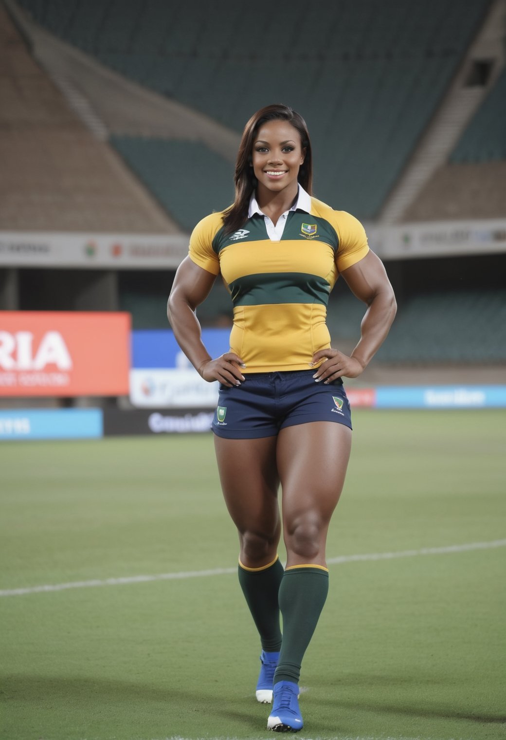 back
beautiful huge muscular bodybuilder  girl with big biceps,big arms,big breast, veins, muscle legs,ripped abs.,hyoermuscles,bigger,
oiled skin,
in rugby stadium
rugby player woman

Attire: She sports South Africa's green and gold uniform with the number 4 on her jersey.


South Africa,

Captain's Name: Zanele van der Merwe
Age: 30 years old
Country: South Africa
Facial Description: Zanele is a woman with radiant skin, dark hair, and expressive eyes.
Captain's Name: Zanele van der Merwe
Age: 30 years old
Country: Namibia
Facial Description: Zanele is a woman with radiant skin, dark hair, and expressive eyes.

perfect fingers