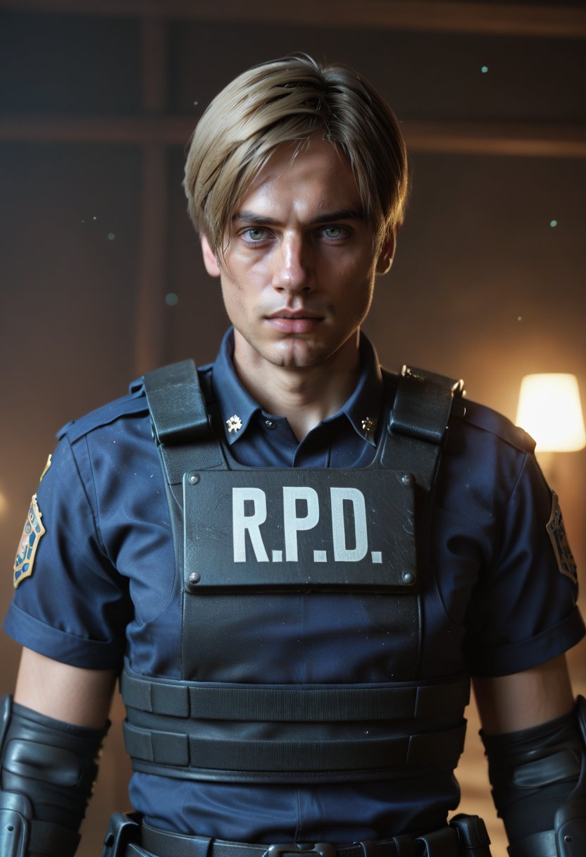 score_9,score_8_up,score_7_up,uncensored BREAK realistic,render,blender \(medium\),
1boy,  leonkennedy, brown hair, short hair, belt, police uniform, bulletproof vest, fingerless gloves, blue shirt, elbow pads, long sleeves,
solo, looking at viewer, upper body, fog, dark background, particles, bokeh, indoors, haunted house background, dark, contrast

