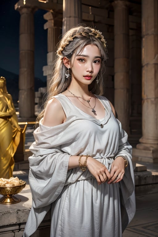 15-Year-Old Korean and Greek mixed goddess, white skin tone, long grayish hair, simple white draughts, golden bracelets, silver necklaces, real photos, bright lights on faces, dark Greek temple background,SAM YANG,renaissance