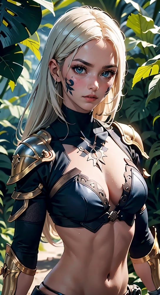 28 year old slightly muscular Amazon female warrior, chest shield, wrist shield, shin shield, Adding Weapons, Jungle, Light on your face, background, ,WonderWaifu,YakuzaTattoo,drow