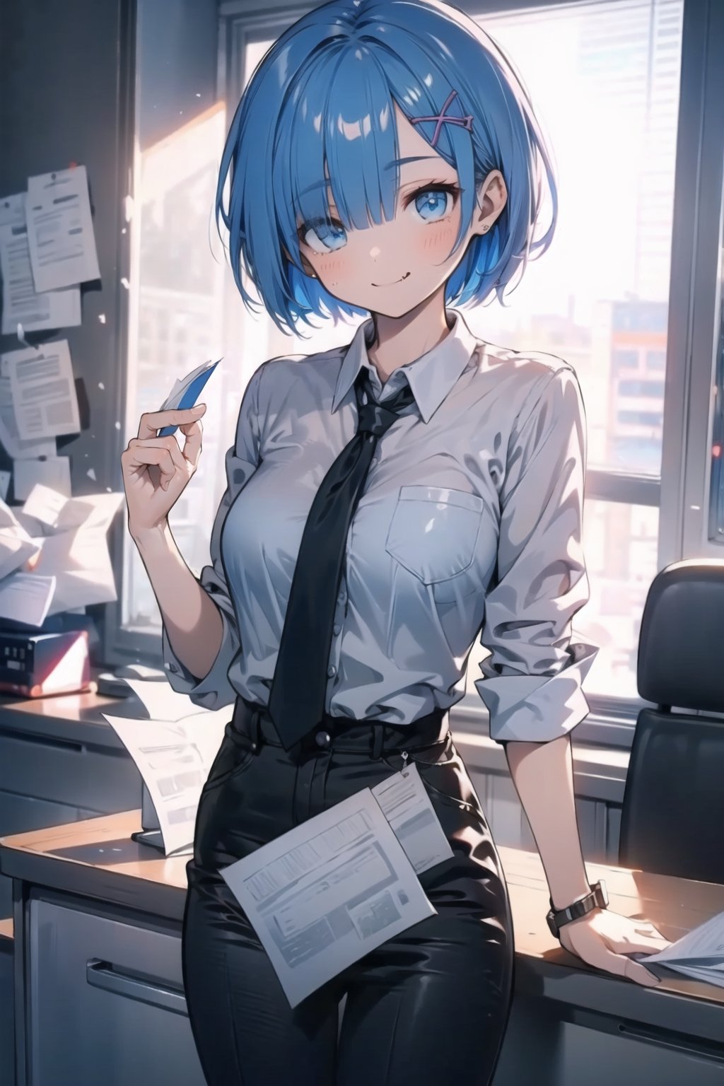  (masterpiece, best quality), (8k wallpaper), (detailed beautiful face and eyes), (detailed illustration), (super fine illustration), (vibrant colors), (professional lighting), 
(increasing the weight makes things worse), 
(One girl 18 old), (girl body:1.3), (medium breast:1.3), blue hair, one fang, eyes (red dark:1.3), smile, (tied hair:1.3), office clothes with breasts see through,Morning Star on desk:1.3), (desk:1.3), background (office:1.3),(flying papers:1.3), Rem , very sexy