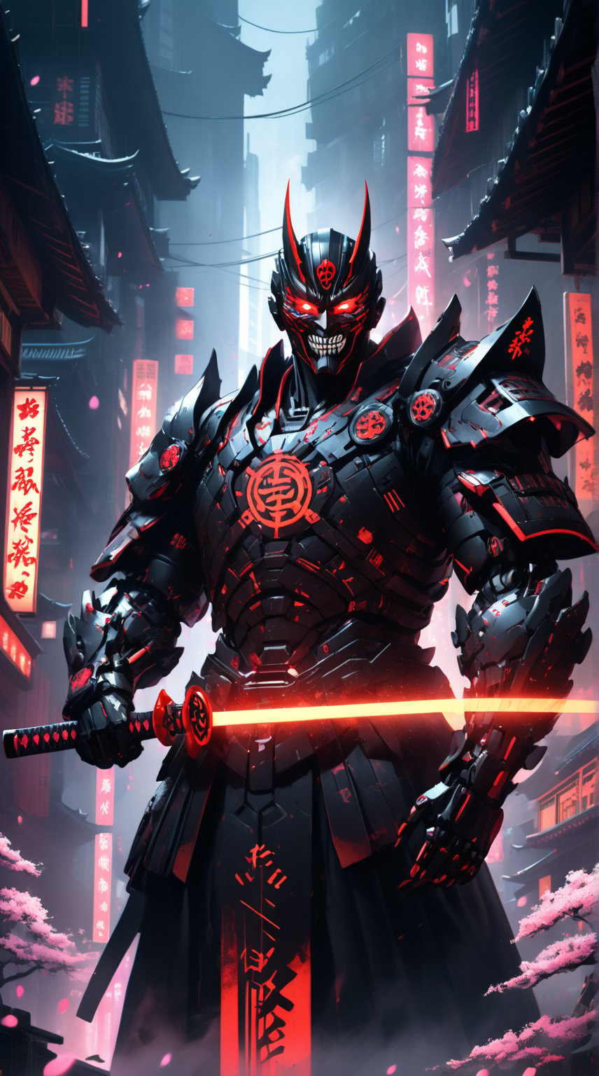 Create a supervillain character inspired by Japan. This villain should wear a menacing, high-tech samurai armor, blending traditional elements with modern technology. The armor is sleek and dark, adorned with glowing red accents and intricate designs. The villain's mask features a fearsome expression, with sharp teeth and glowing red eyes, exuding an aura of intimidation. They wield a robotic katana with an energy blade that crackles with power. Surround the villain with a dystopian cityscape, combining neon-lit skyscrapers and shadowy traditional Japanese architecture. Mist and shadows envelop the scene, enhancing the ominous atmosphere, while cherry blossoms fall gently in the background, contrasting the dark theme with a touch of delicate beauty." ensuring a richly textured and visually striking image.