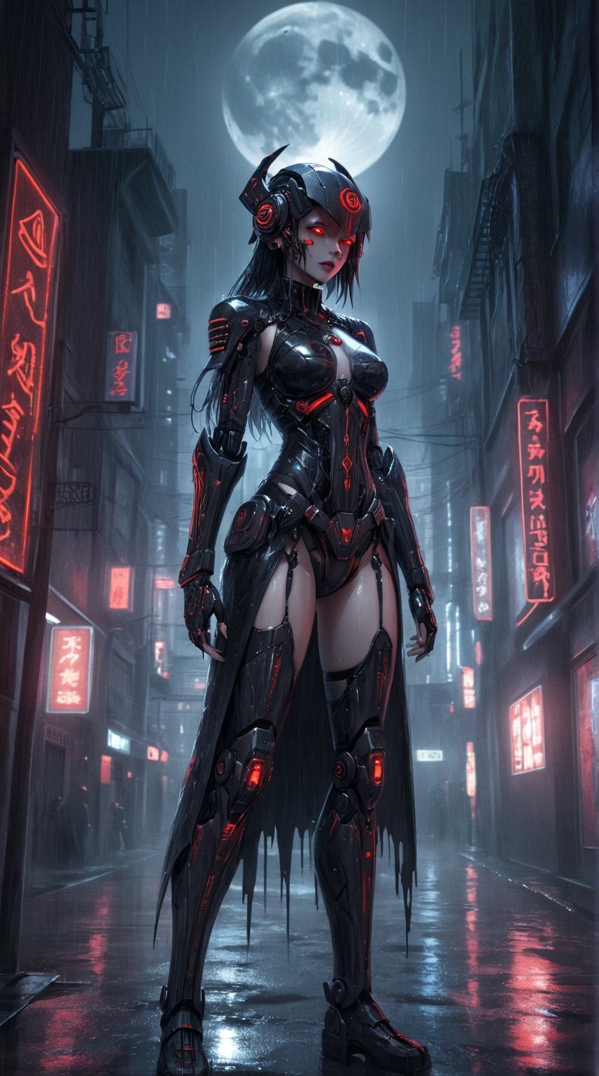 A dark and intricate gothic artwork of a cybernetic woman with glowing red eyes, standing in the rain under moonlight and neon lights. Her helmet features gothic designs and glowing runes. The scene is moody and atmospheric, with rain and dramatic shadows. The background features gothic architecture and a dark, eerie cityscape. The scene is lit by a full moon and neon signs, creating a somber and mysterious atmosphere.