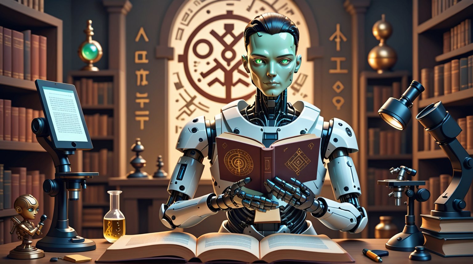 A stylized realistic human android, holding a book, a microscope, with digital data and ancient symbols in the background, in a modern flat design,