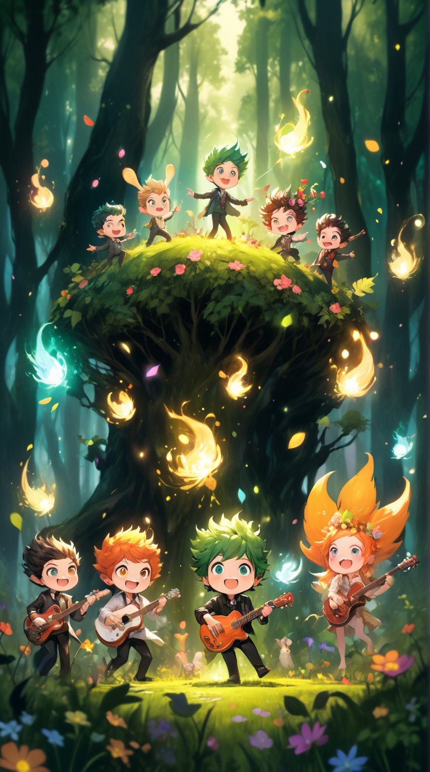 Create an image of Green Day depicted as vibrant, mischievous forest sprites, each member exuding an aura of playful energy and boundless enthusiasm. They perform on a whimsical stage set in a lush, green meadow, with flowers and foliage bursting into bloom around them. Their instruments are crafted from natural elements, glowing with a magical light. Particles and sparks dance through the air, adding to the sense of enchantment. The audience, a lively mix of woodland creatures and mythical beings, is captivated by the energetic, upbeat music that fills the meadow with joy and wonder.