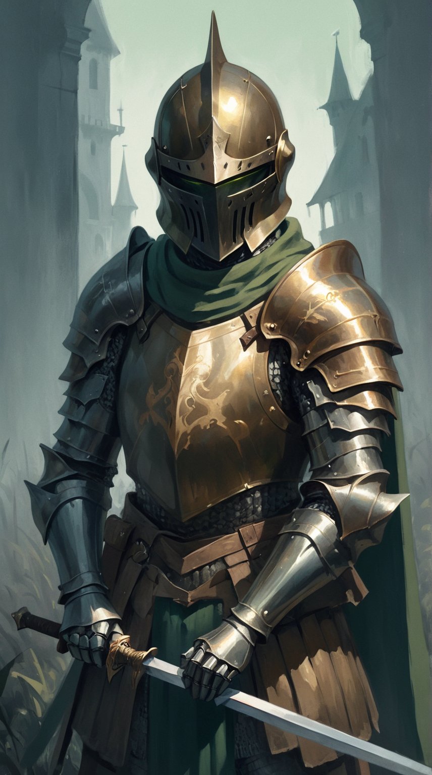 painting of a knight holding a sword, in the style of subdued color palette, high detail, character studies, 8k, utilitarian, fawncore, dark gold and green. poster-like.