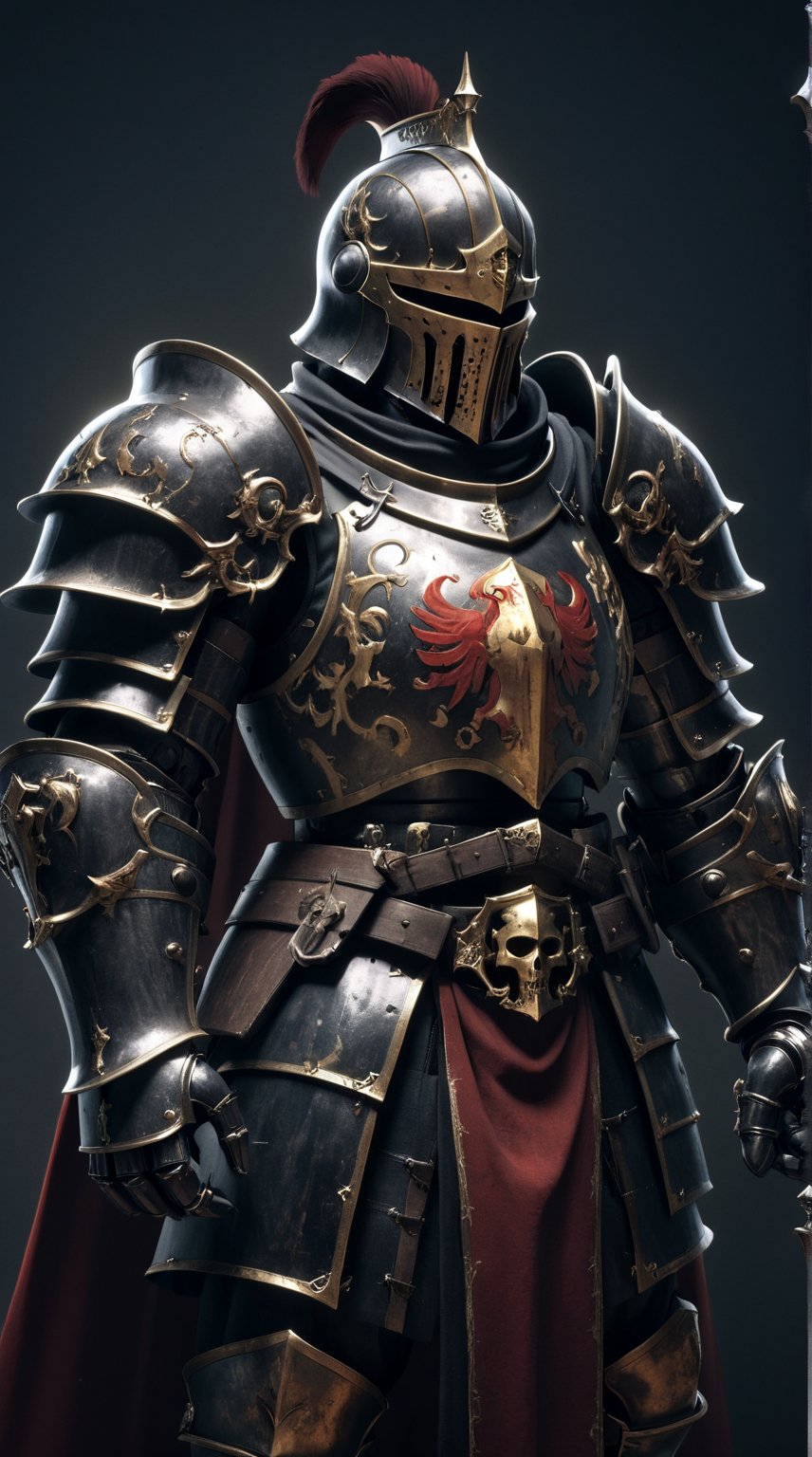 A German Imperial Gothic Knight. Black, Red, and Golden Color Plate Armour. Warhammer Fantasy. High Fantasy. Dark Fantasy. Unreal Engine. Ultra Realistic. Cinematic. poster-like.