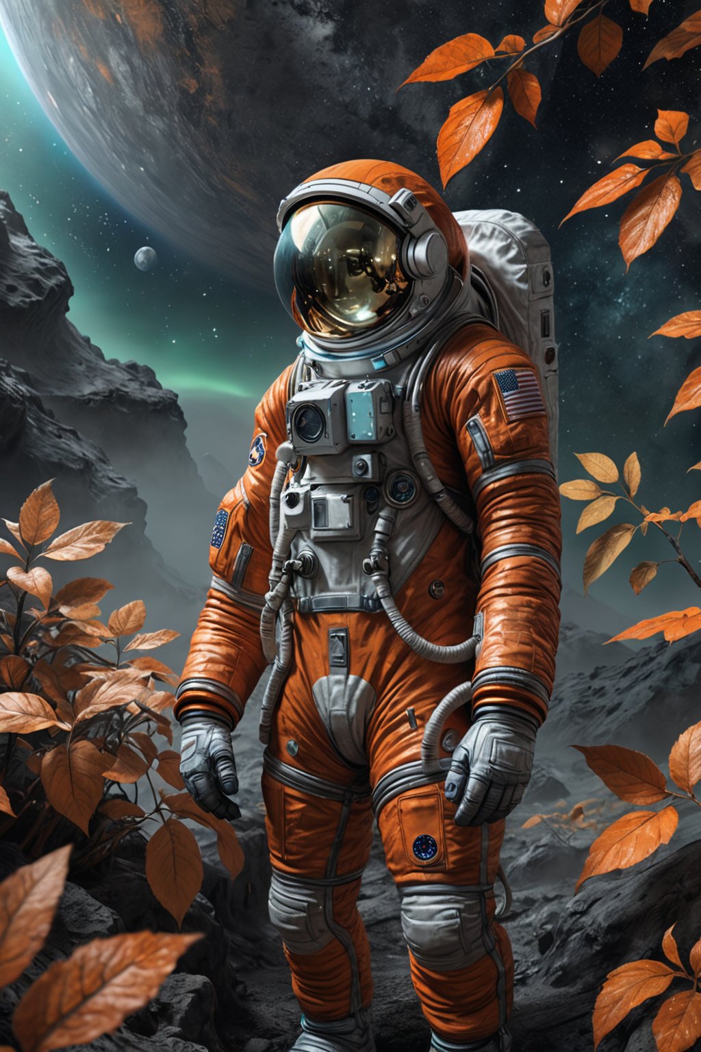 a lonely astronaut, dressed in orange worn space suit. The atmosphere is eerie and desolate, with a predominantly cold color palette of misty blues and grays. Muted greens and earthy tones blend into the shadows, while the astronaut's metallic attire gleams under the faint, moonlit glow. In stunning 8K detail, every wrinkle on their suit, every leaf on the plants, and every texture is vividly rendered, creating an immersive and realistic scene.