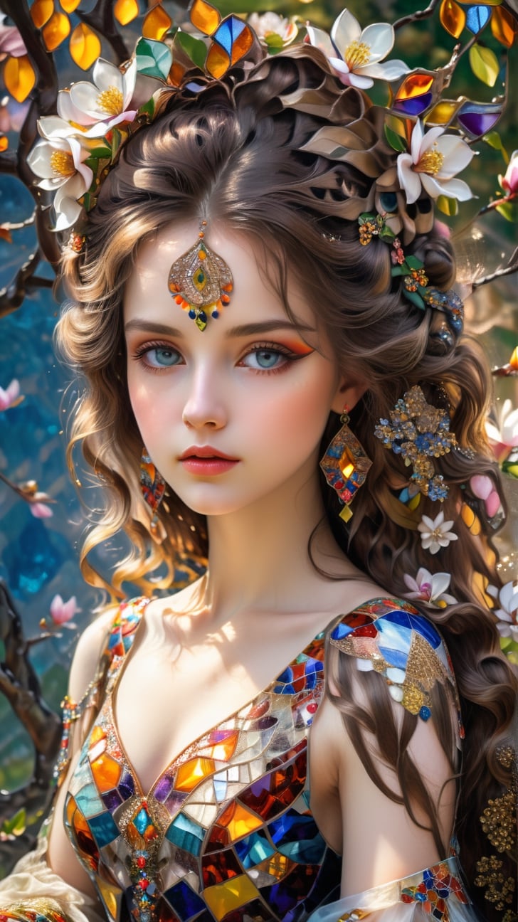 Intricate detailed picture of a beautiful girl wearing an super intricate dress with colorful mosaic tile embroidered in the frabric sitting under a magestic flowering magnolia tree, flowy voluminous brown hair, refletive amber eyes, airbrushed, best quality, 8k, magical fantasy vibe, mountains scene background, hyperdetailed face, whimsical sky, soft amber glow, yulia brodskaya style, gustav klimt style , close-up portrait