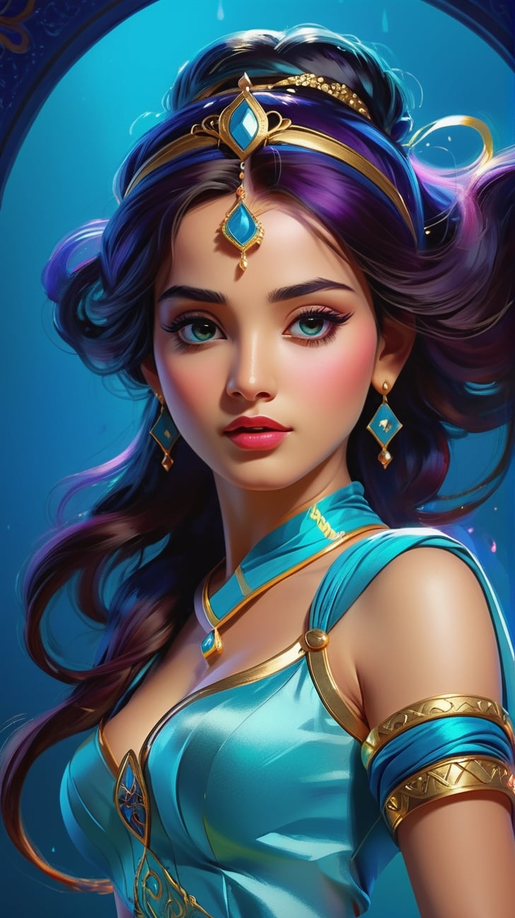 Princess Jasmine from the movie Aladdin and the magic lamp, volumetric cartoon oil paint, 2D book illustration style, sharp focus, bright color, digital paint character design, trending on artstation, high details, simple lines, art by Viktoria Gavrilenko, José Luis Ágreda and Camilla d'Errico,

dynamic background, 4k resolution, masterpiece, best quality, Photorealistic, whimsical, illustration by MSchiffer, cinematic lighting, Hyper detailed, atmospheric, vibrant, dynamic studio lighting, wlop, Glenn Brown, Carne Griffiths, Alex Ross, artgerm and james jean, spotlight, fantasy, surreal