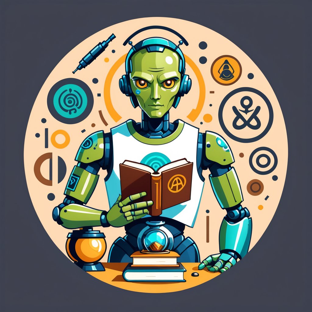 t-shirt design, circle, A stylized human android, holding a book and a microscope, with digital data and ancient symbols in the background, in a modern flat design, plain background