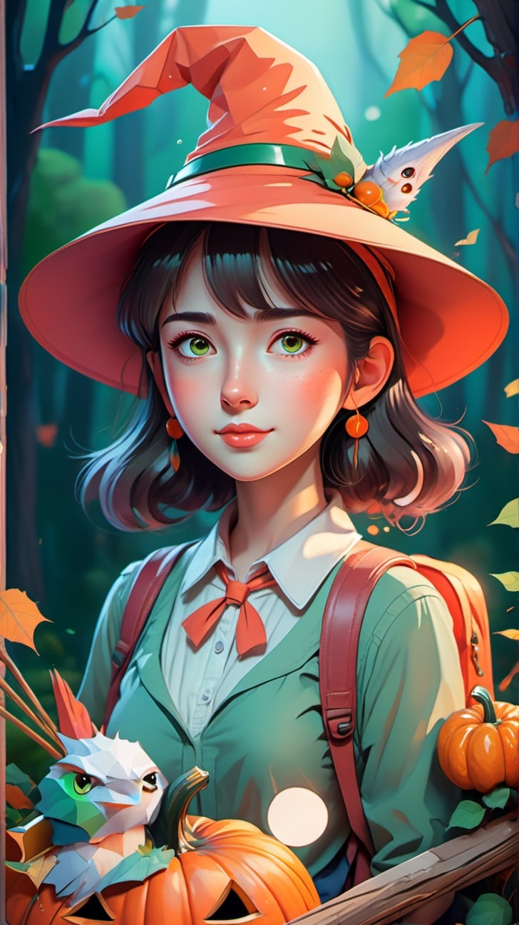 A detailed realistic illustration of a print of a colorful beautiful teacher, rides a broom has orange eyes and it wear witch hat, hold a ghost next to a cute Halloween Pumpkin, school accessories, teachers day, hyper realistic high quality, t-shit desing graphic, vector,, contour, fantasy swirls splash, modern t-shirt design, in the style of Studio Ghibli, light white red and green pastel tetradic colors, 3D vector art, cute and quirky, fantasy art, watercolor effect, bokeh, Adobe Illustrator, hand-drawn, digital painting, low-poly, soft lighting, bird's-eye view, isometric style, retro aesthetic, focusedon the character, 4K resolution, photorealistic rendering, usingCinema 4D, (((isolated in a white background))), unreal engine v5, octane render