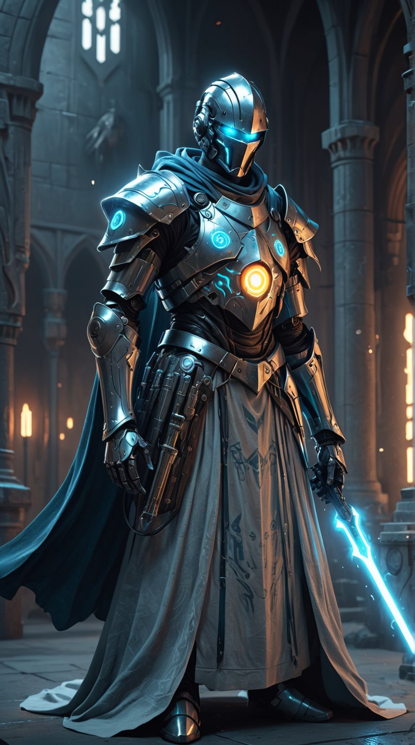 medieval knight cybernetic mage with cool robes and glowing weapon, sci-fi, photorealistic, cinematic. poster-like.