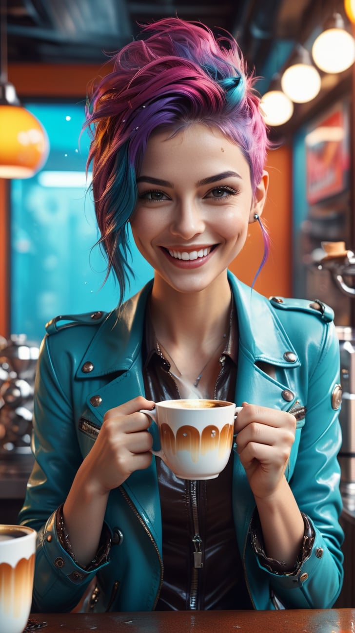 Wide shot, Best quality, high-res, Chromepunk, cute woman with a cup of coffee, smile, splashy background color, artstation, epic, high-detailed, octane render