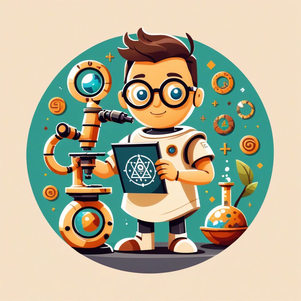 t-shirt design, circle, A stylized android wearing glasses, holding a scroll and a microscope, with digital data and ancient symbols in the background, in a modern flat design, plain background