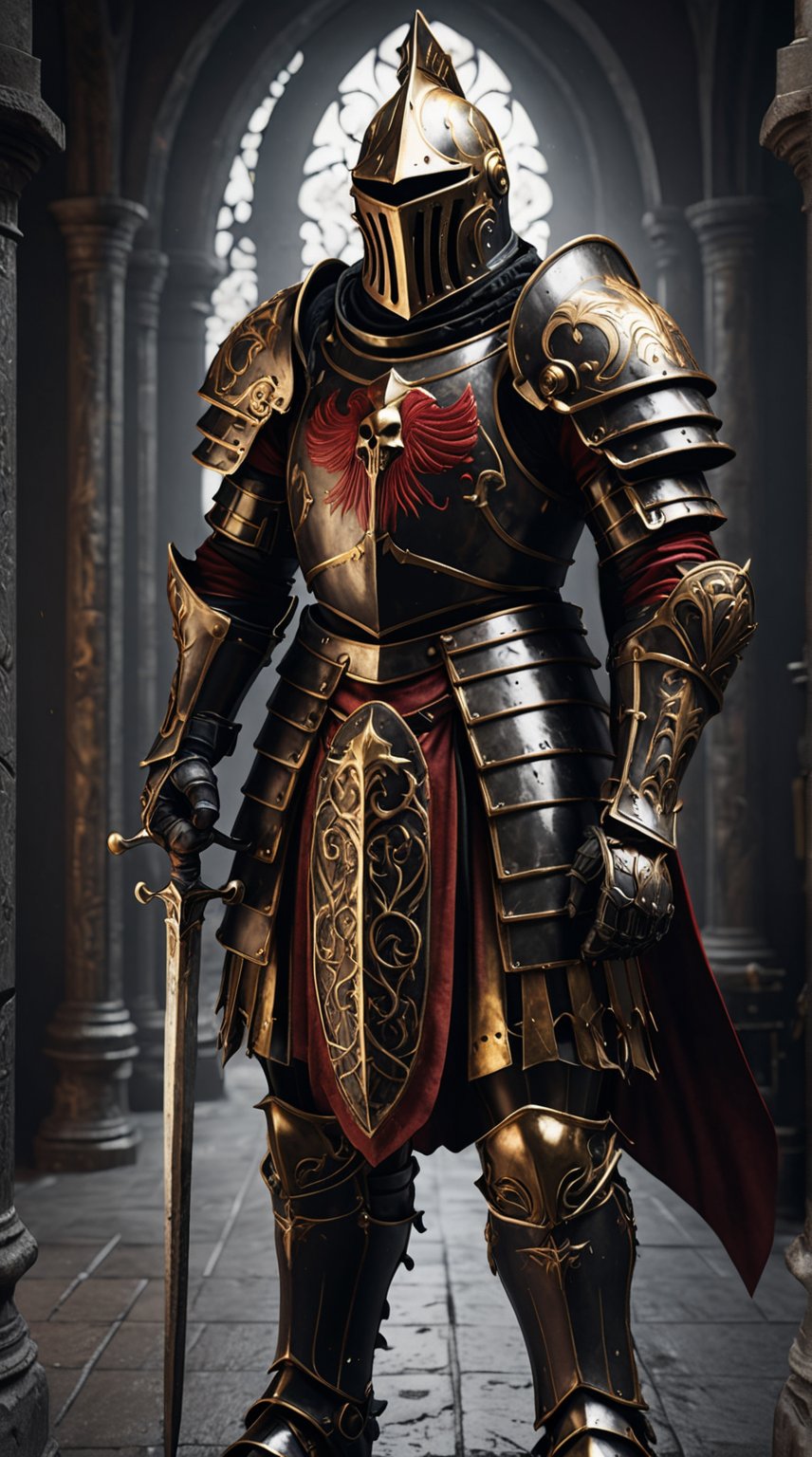 Art deco, A German Imperial Gothic Knight. Black, Red, and Golden Color Plate Armour. Warhammer Fantasy. High Fantasy. Dark Fantasy. Unreal Engine. Ultra Realistic. Cinematic. poster-like.