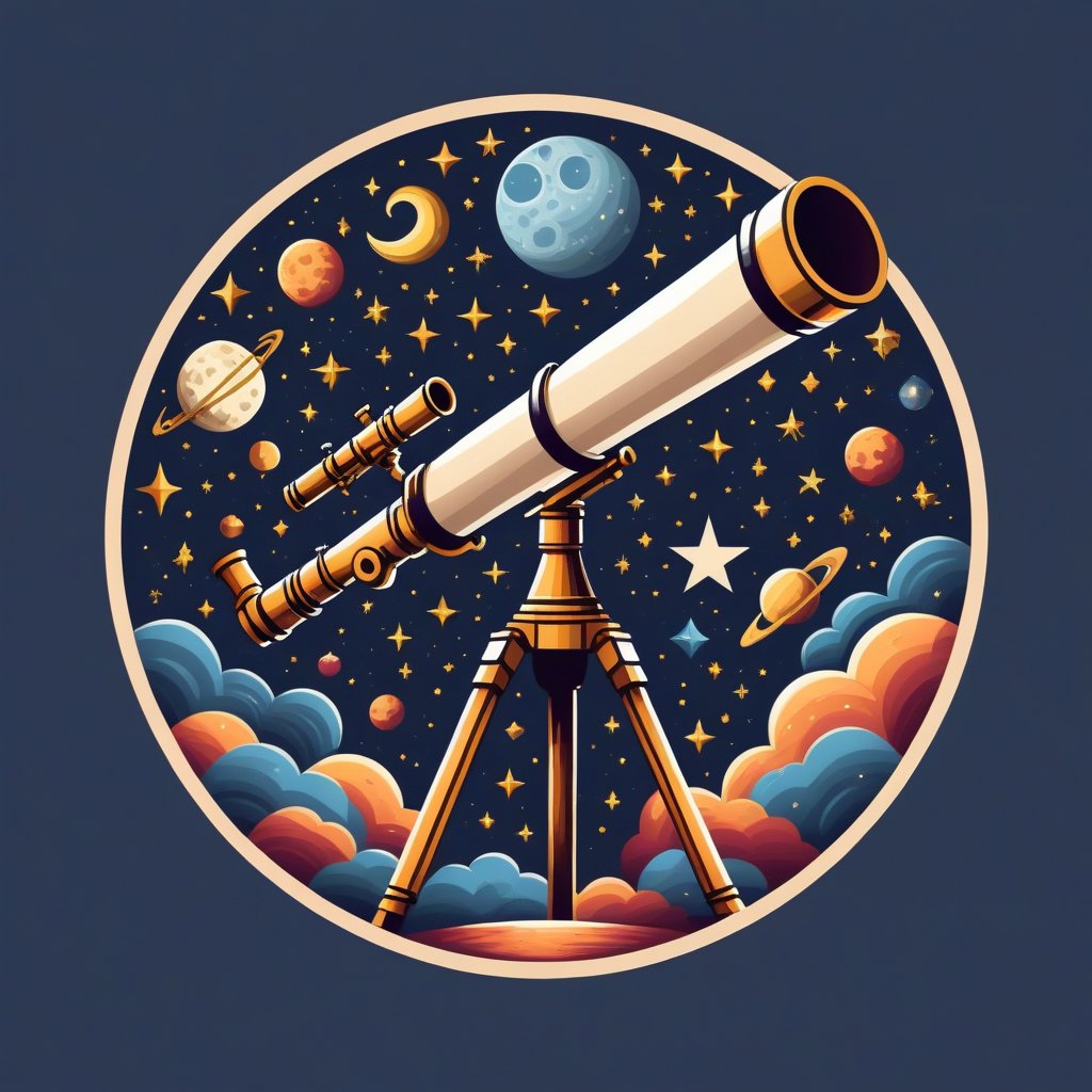 t-shirt design, circle, A telescope aiming at a sky filled with stars shaped like historical icons, scientific symbols, and trivia facts, in a cosmic and modern style, plain background