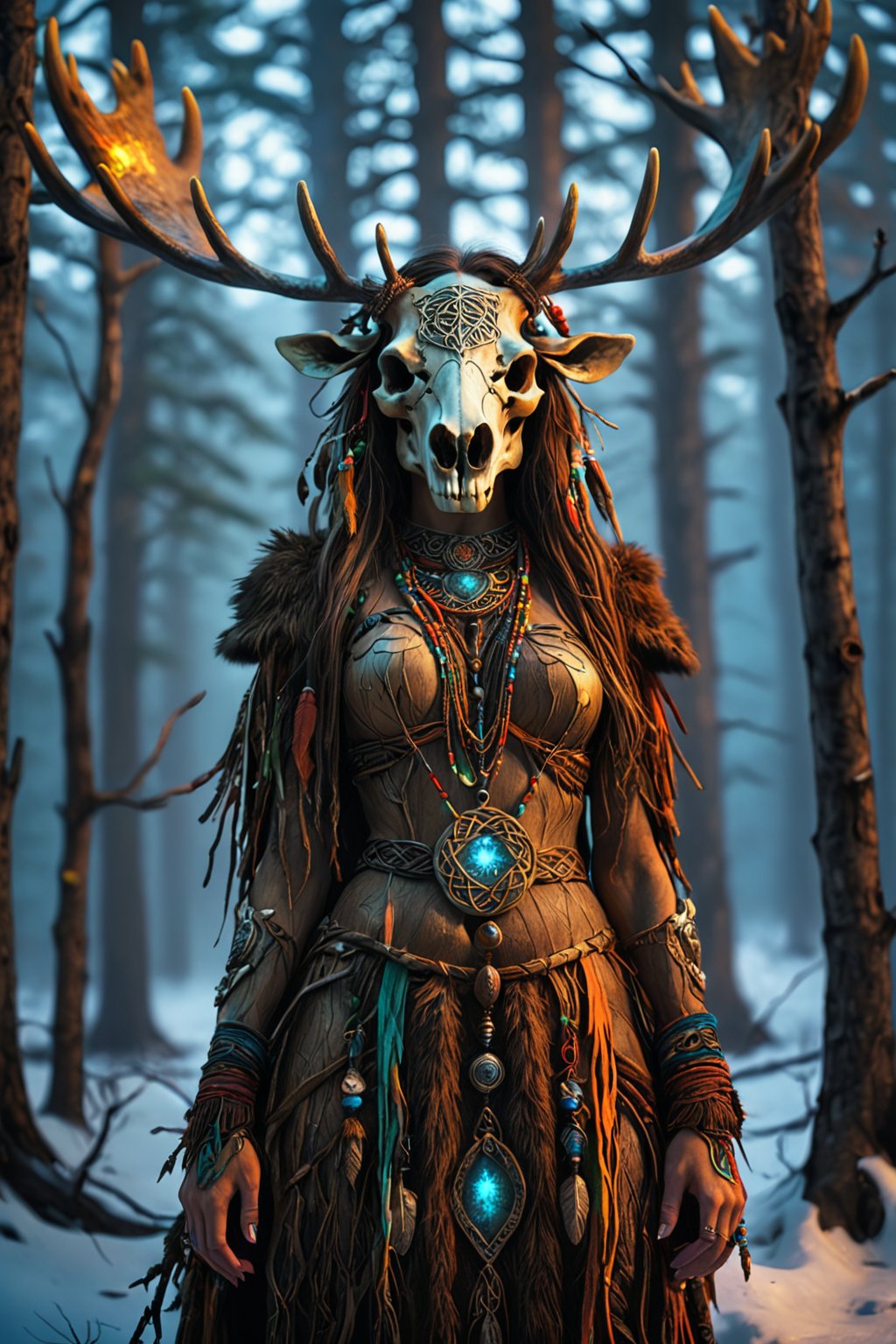 A shaman girl, with a large moose skull on her face, The strange decoration of dead branches, the mysterious and brightly colored Celtic shaman costume, and the girl is surrounded by a mysterious aura