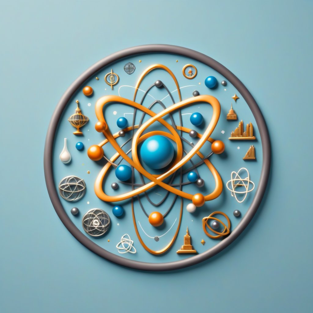 t-shirt design, circle, An atom model where the electrons are miniature historical landmarks, scientific symbols, and trivia icons, in a futuristic and clean design, plain background