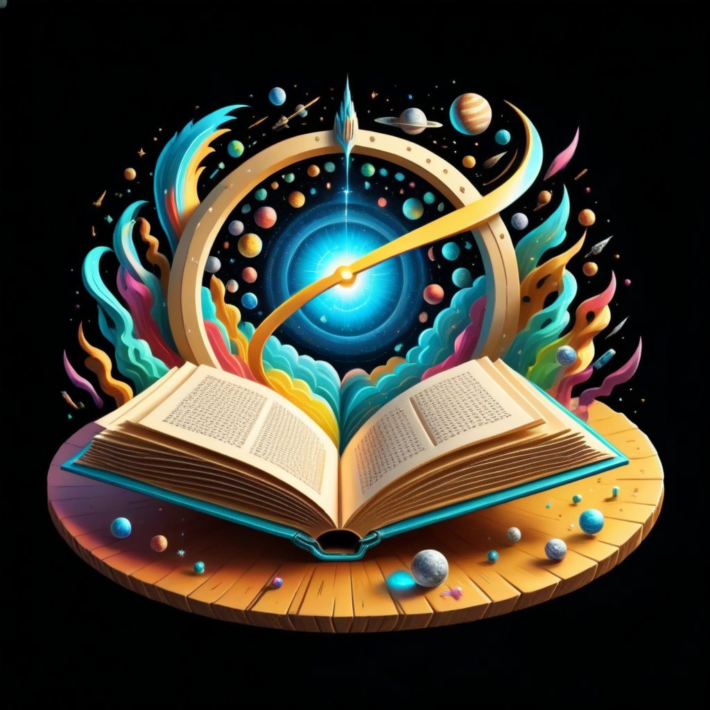 t-shirt design, circle, (best quality, 4k, 8k, highres, masterpiece:1.2), ultra-detailed ,illustration, cartoon, An open book with holographic projections of historical events, scientific discoveries, and fun facts, in a vibrant and dynamic style, plain background