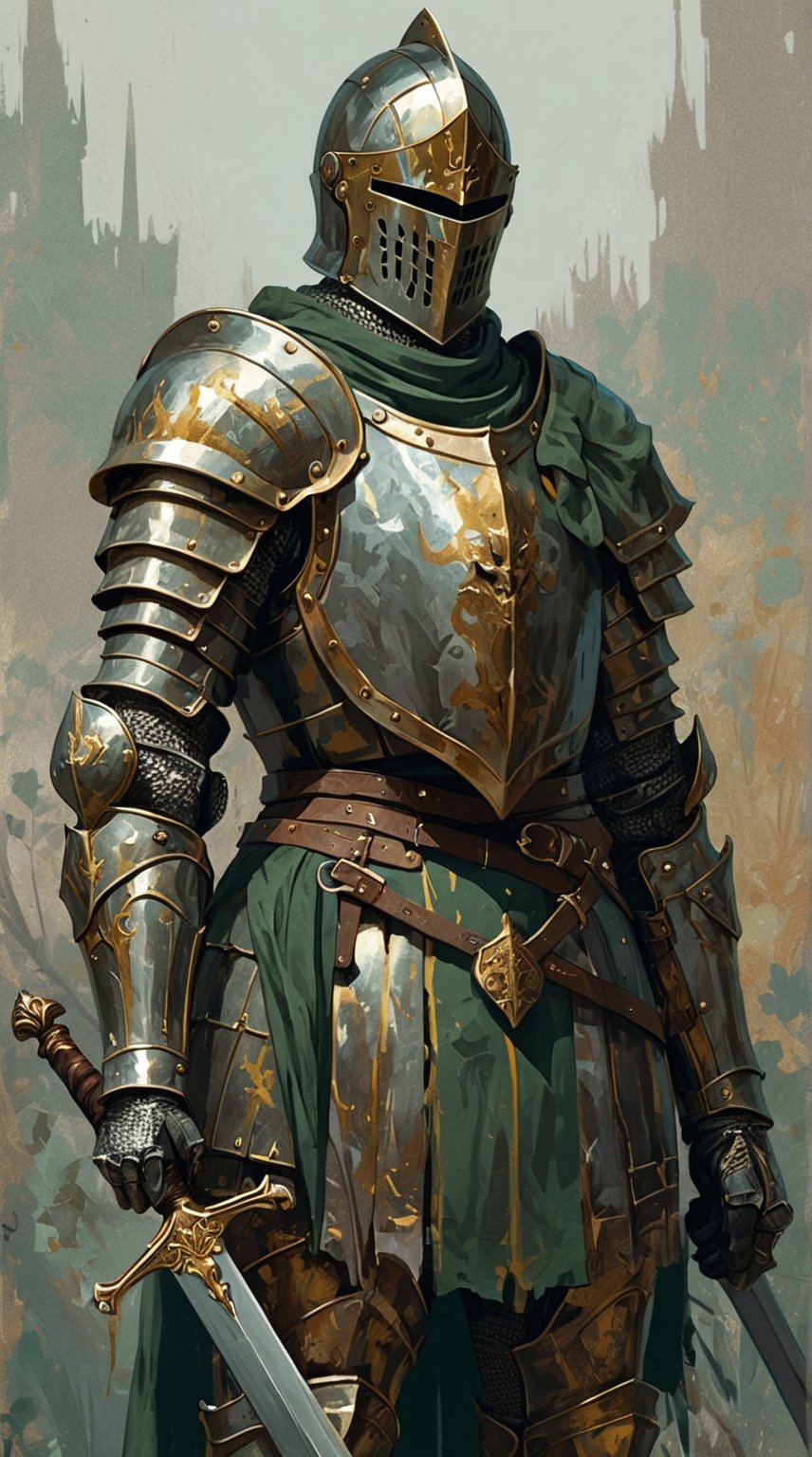 painting of a knight holding a sword, in the style of subdued color palette, high detail, character studies, 8k, utilitarian, fawncore, dark gold and green. poster-like.