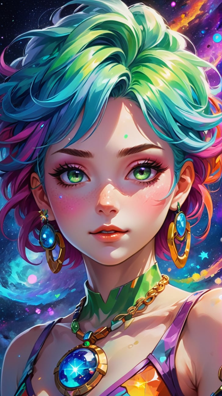 Close-up of a woman with colorful hair and necklace, anime girl with cosmic hair, The soft vitality of Rostus, Guviz-style artwork, Fantasy art style, Colorful], vibrant fantasy style, Vibrant Ross Cartoon, cosmic and colorful, Guviz, Colorful digital fantasy art, stunning art style, Beautiful anime style, White skin, Hulk clothes