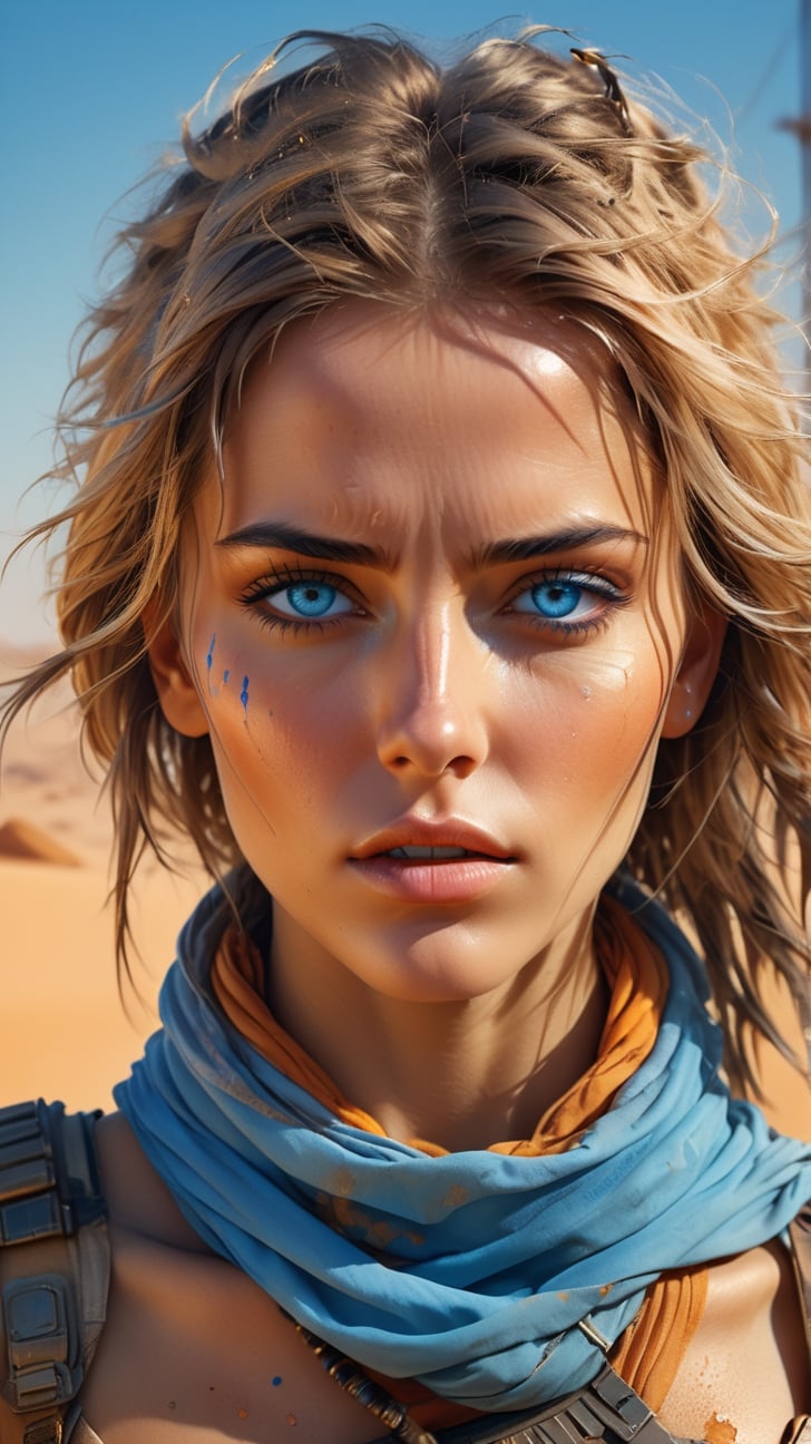 ultra detailed digital minimalistic line art watercolor render of a futuristic beautiful female desert nomad, detailed symmetric beautiful BLUE eyes, sand color clothes/ detailed gorgeous face, apocalyptic environment and sandstorm, splatter drippings, style of MAD MAX WORLD, style of Wadim Kashin, John William Waterhouse, Luminous Studio graphics engine centre image, dof, golden hour, 8k, soft lighting aesthetic, edge-to-edge print, volumetric lighting, TanvirTamim, cinematic, colorful background, concept art, dramatic lighting, high detail, highly detailed, hyper realistic, octane render, smooth, studio lighting, trending on artstation