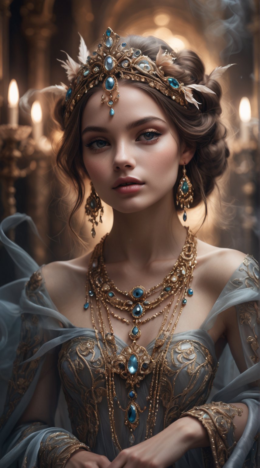 The image features a beautiful girl in a fantasy style portrait, captured in a luxury fashion photography style with fumes surrounding her. She is elegantly dressed in opulent fabrics and intricate jewelry, exuding grace and sophistication. The background is blurred, highlighting the subject's ethereal beauty. The lighting is soft and diffused, creating a dreamy atmosphere. Keywords: fantasy style, luxury fashion photography, fumes, opulent, elegant, ethereal, dreamy, soft lighting.