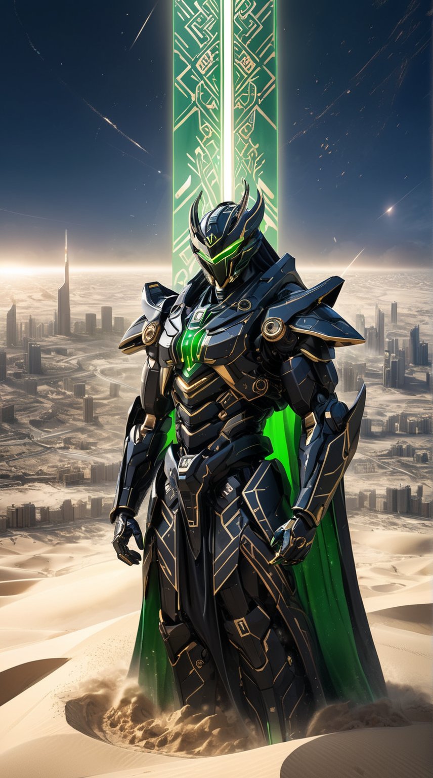 A bird’s eye view of a gigantic Pacific Rim Jaeger representing Saudi Arabia. The Jaeger’s design is inspired by the Kaaba, featuring black and gold-tinted armor with intricate Islamic geometric patterns. Its headpiece resembles a traditional ghutra, and its body is adorned with calligraphy. The Jaeger’s core glows with a bright green light, symbolizing the national flag. Below, the landscape reveals vast deserts and urban skyscrapers. Enhanced with glare, lens flare, and cinematic lighting, the Jaeger’s imposing presence is accentuated by swirling sand particles and sparks, capturing Saudi Arabia's spiritual and modern essence.