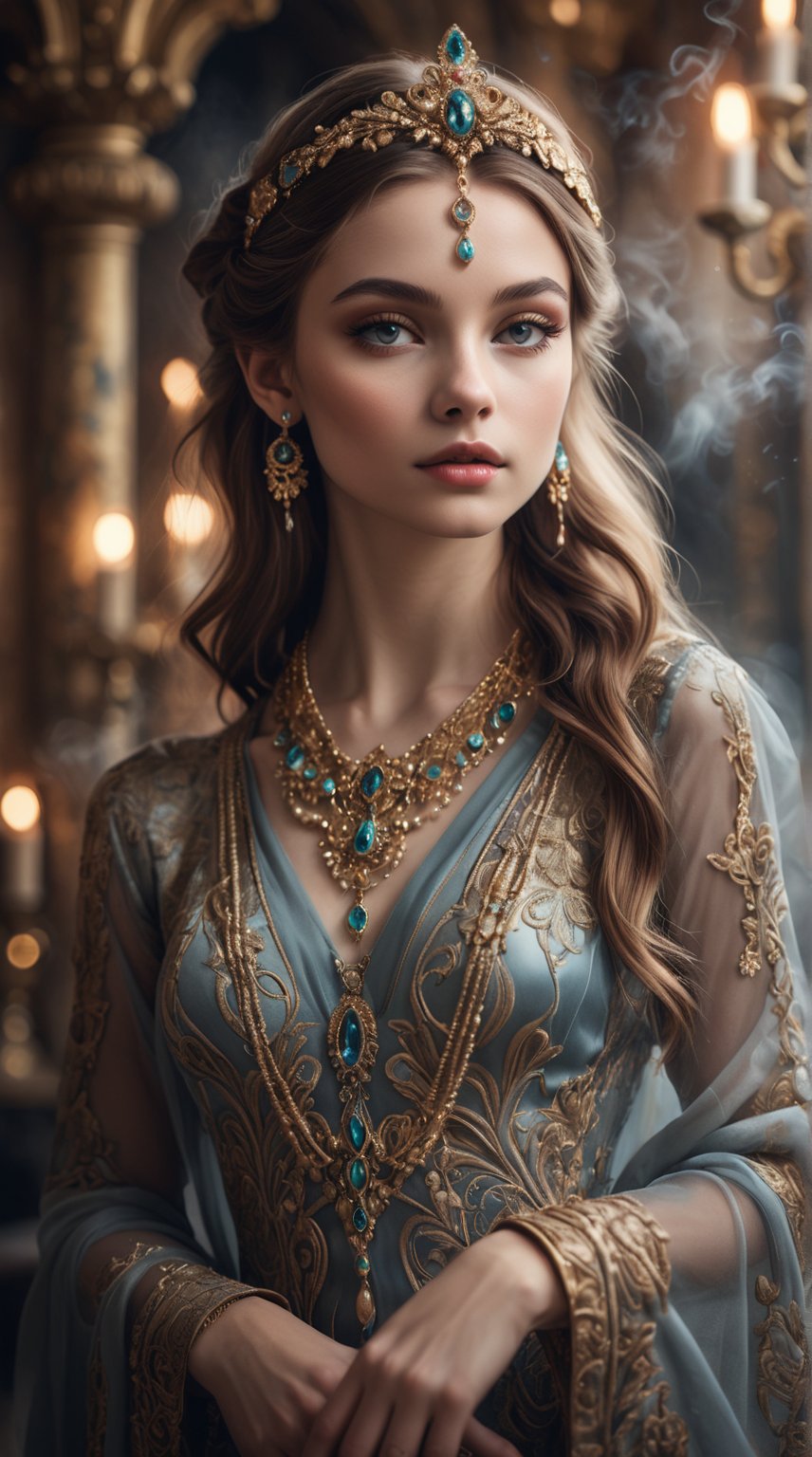 The image features a beautiful girl in a fantasy style portrait, captured in a luxury fashion photography style with fumes surrounding her. She is elegantly dressed in opulent fabrics and intricate jewelry, exuding grace and sophistication. The background is blurred, highlighting the subject's ethereal beauty. The lighting is soft and diffused, creating a dreamy atmosphere. Keywords: fantasy style, luxury fashion photography, fumes, opulent, elegant, ethereal, dreamy, soft lighting, vibrant colors.