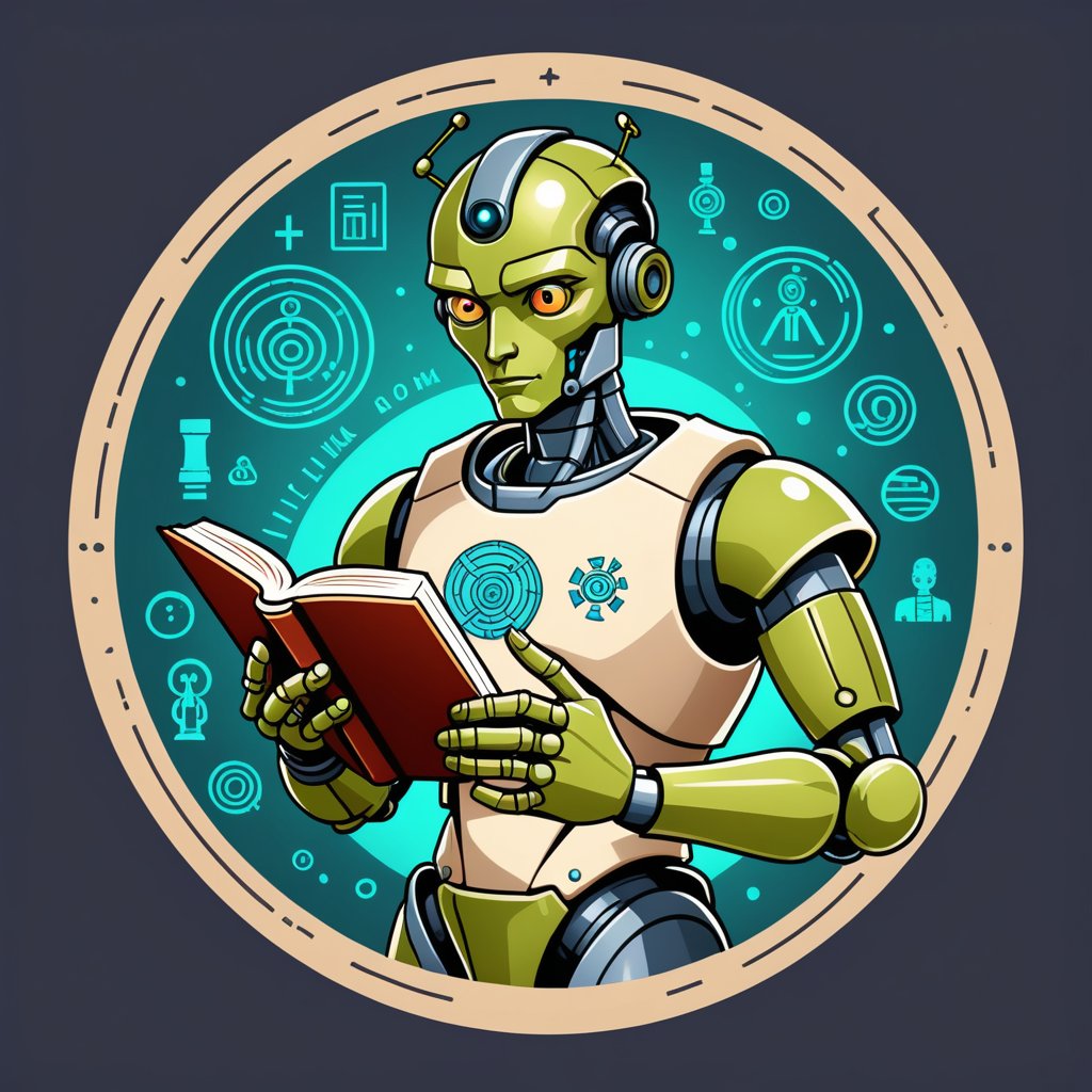 t-shirt design, circle, A stylized human android, holding a book and a microscope, with digital data and ancient symbols in the background, in a modern flat design, plain background