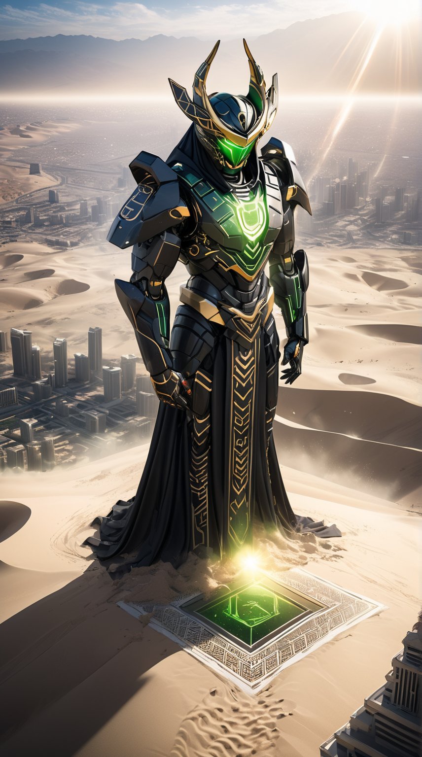 Deco art, A bird’s eye view of a gigantic Pacific Rim Jaeger representing Saudi Arabia. The Jaeger’s design is inspired by the Kaaba, featuring black and gold-tinted armor with intricate Islamic geometric patterns. Its headpiece resembles a traditional ghutra, and its body is adorned with calligraphy. The Jaeger’s core glows with a bright green light, symbolizing the national flag. Below, the landscape reveals vast deserts and urban skyscrapers. Enhanced with glare, lens flare, and cinematic lighting, the Jaeger’s imposing presence is accentuated by swirling sand particles and sparks, capturing Saudi Arabia's spiritual and modern essence.