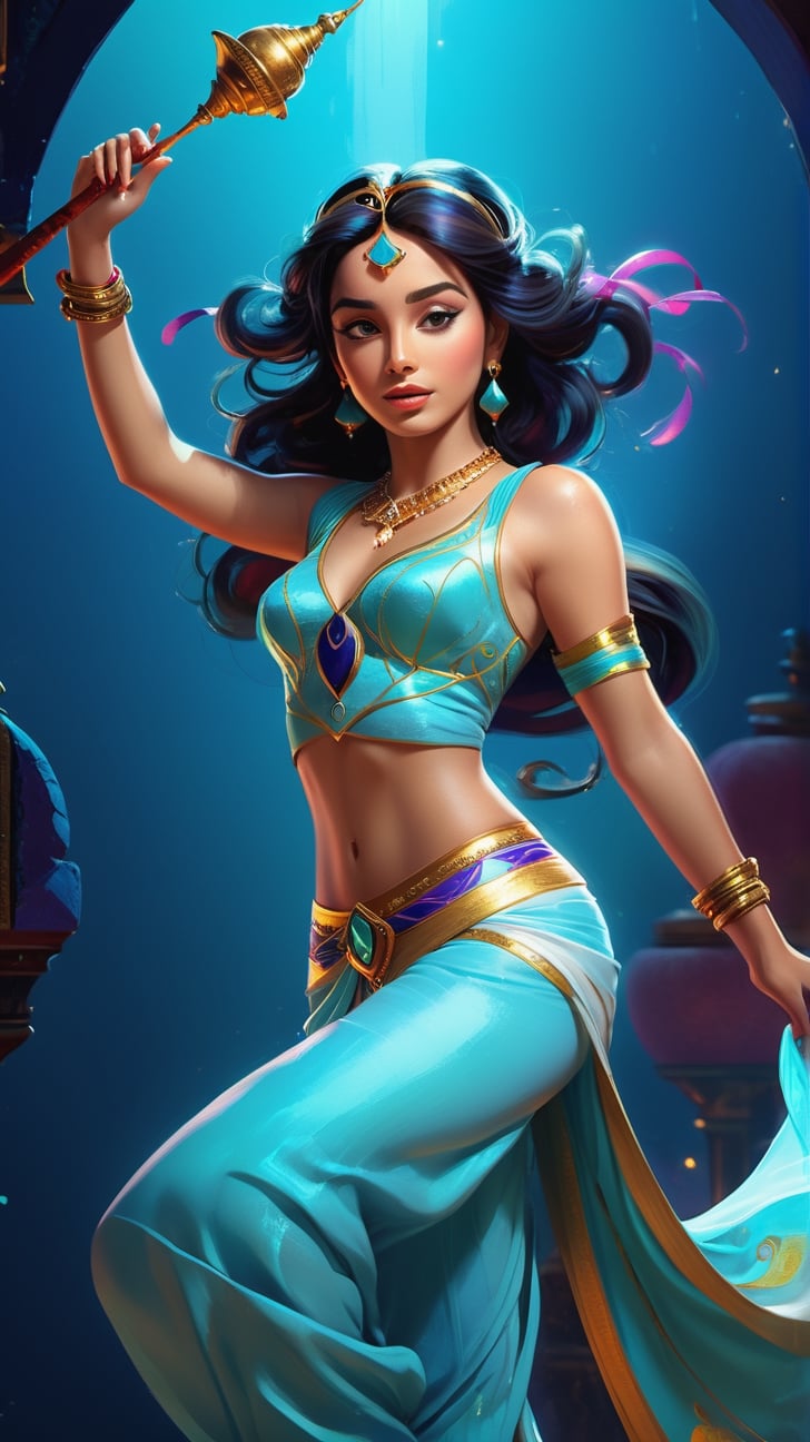 Full body shot, dynamic pose, Princess Jasmine from the movie Aladdin and the magic lamp, volumetric cartoon oil paint, 2D book illustration style, sharp focus, bright color, digital paint character design, trending on artstation, high details, simple lines, art by Viktoria Gavrilenko, José Luis Ágreda and Camilla d'Errico,

dynamic background, 4k resolution, masterpiece, best quality, Photorealistic, whimsical, illustration by MSchiffer, cinematic lighting, Hyper detailed, atmospheric, vibrant, dynamic studio lighting, wlop, Glenn Brown, Carne Griffiths, Alex Ross, artgerm and james jean, spotlight, fantasy, surreal