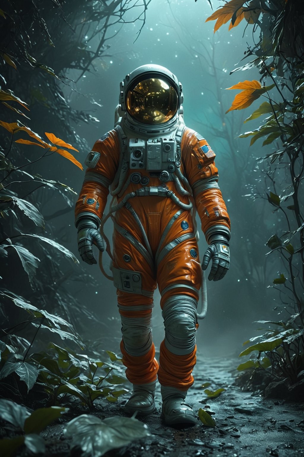 a lonely astronaut, dressed in orange worn space suit. The atmosphere is eerie and desolate, with a predominantly cold color palette of misty blues and grays. Muted greens and earthy tones blend into the shadows, while the astronaut's metallic attire gleams under the faint, moonlit glow. In stunning 8K detail, every wrinkle on their suit, every leaf on the plants, and every texture is vividly rendered, creating an immersive and realistic scene.