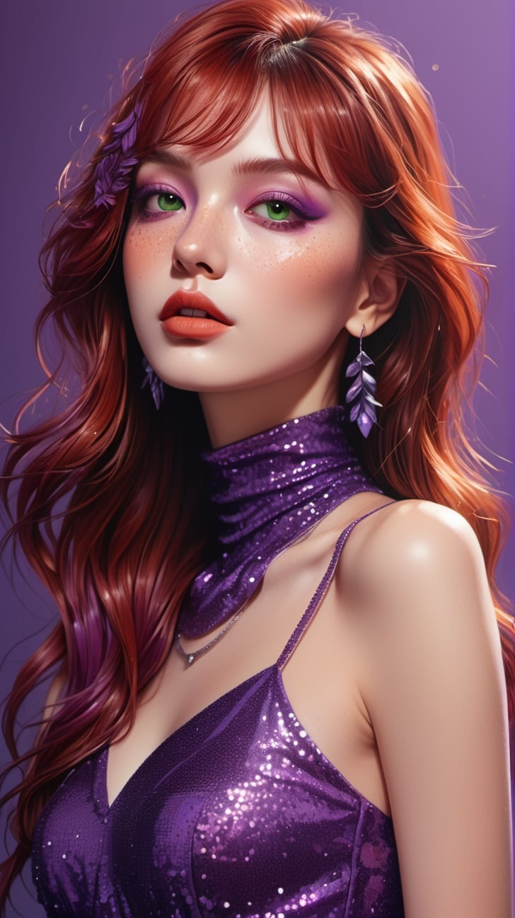 ultra detailed illustration of a extremely beautiful woman with long red hair with fringe, (green eyes) wearing a tight purple sequin dress, bold glamour makeup, bold makeup, turtleneck, evil gaze with a smirk, hand drawn illustration by MSchiffer, cartoonish vector, (cel-shaded:1.5) (cel shading:1.5) ((purple dress:1.3)), full body shot, 

dynamic background, 4k resolution, masterpiece, best quality, Photorealistic, whimsical, illustration by MSchiffer, cinematic lighting, Hyper detailed, atmospheric, vibrant, dynamic studio lighting, wlop, Glenn Brown, Carne Griffiths, Alex Ross, artgerm and james jean, spotlight, fantasy, surreal,