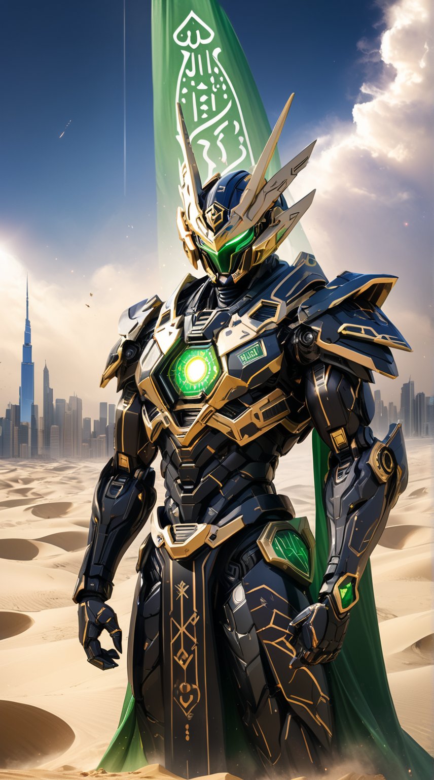 Fauvism, A bird’s eye view of a gigantic Pacific Rim Jaeger representing Saudi Arabia. The Jaeger’s design is inspired by the Kaaba, featuring black and gold-tinted armor with intricate Islamic geometric patterns. Its headpiece resembles a traditional ghutra, and its body is adorned with calligraphy. The Jaeger’s core glows with a bright green light, symbolizing the national flag. Below, the landscape reveals vast deserts and urban skyscrapers. Enhanced with glare, lens flare, and cinematic lighting, the Jaeger’s imposing presence is accentuated by swirling sand particles and sparks, capturing Saudi Arabia's spiritual and modern essence.