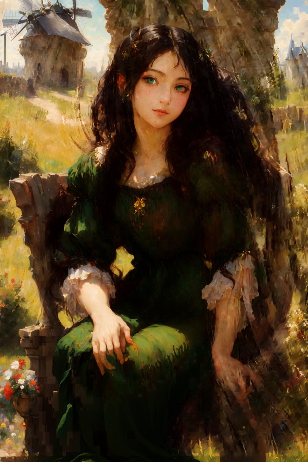 Masterpiece. A 11th century French country girl sits by the castle walls. She has long black hair flowing in the wind. She wears a 11th century nobility style dress and she has vibrant green eyes and perfect features. Perfect skin. Very beautiful. Like a Bouguereau painting. She is sewing a heraldry flag, which she holds in her lap. Beyond the castle walls, behind the girl is a vast green pasture land with rustic farmhouses and a wind mill. Golden sunlight suffuses the scene