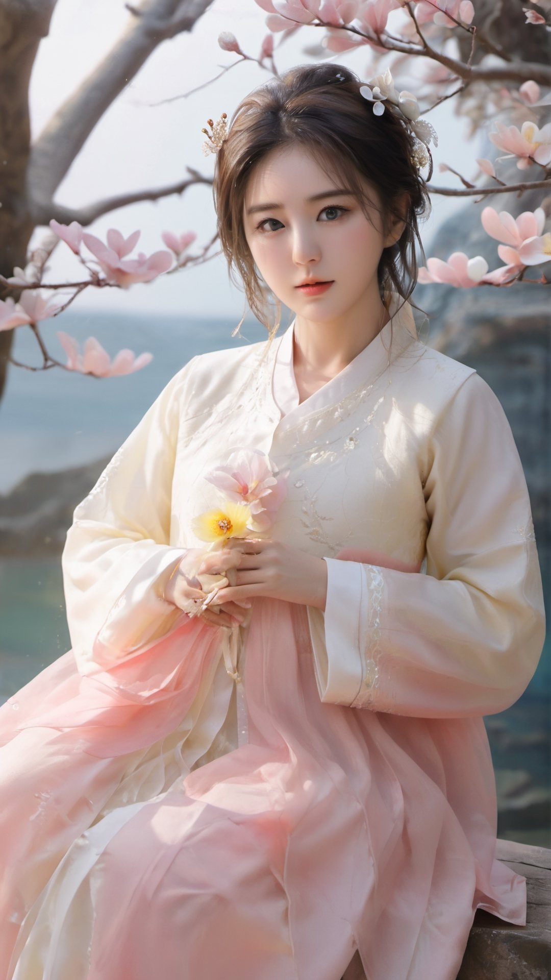 Masterpiece, top quality, official art, highly detailed cg 8k wallpaper, (petals) (detailed face), crystal texture skin, cold pressed, (blonde, yellow, long hair), 25 year old Korean woman, (full body;1,3 ), Gorgeous Korean traditional hanbok, nude lower body with legs spread showing pussy and pubic hair, black eyes, looking at the audience, very delicate and beautiful, water with strong light shining through, (beautiful eyes), very detailed, Movie lighting, (beautiful face), deep water, beautiful coral in the sea, very detailed, extremely meticulous, (very detailed and beautiful), beautiful meticulous eyes, (best quality)
,whole body,underwater