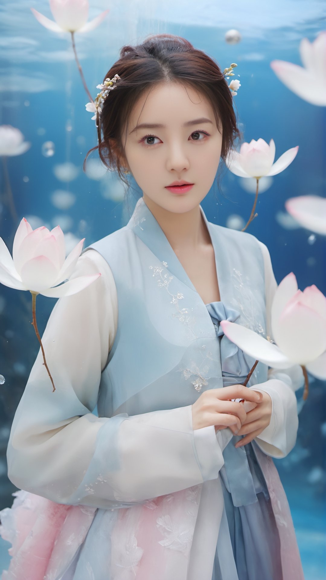 Masterpiece, top quality, artwork photography, highly detailed cg 8k wallpaper, (petals) (detailed ice), crystal texture skin, cold pressed, (gorgeous hanbok), 22 year old Korean woman, full body, (pink hair), long hair, messy hair, blue eyes, looking at the audience, very delicate and beautiful, under water with strong light, (beautiful eyes), very detailed, movie lighting, (beautiful face), beautiful water surface, (original character painting), very Detail, incredibly meticulous, (very detailed and beautiful), beautiful meticulous eyes, (best quality)
,LinkGirl,xxmixgirl,3un,beautymix,NYFlowerGirl