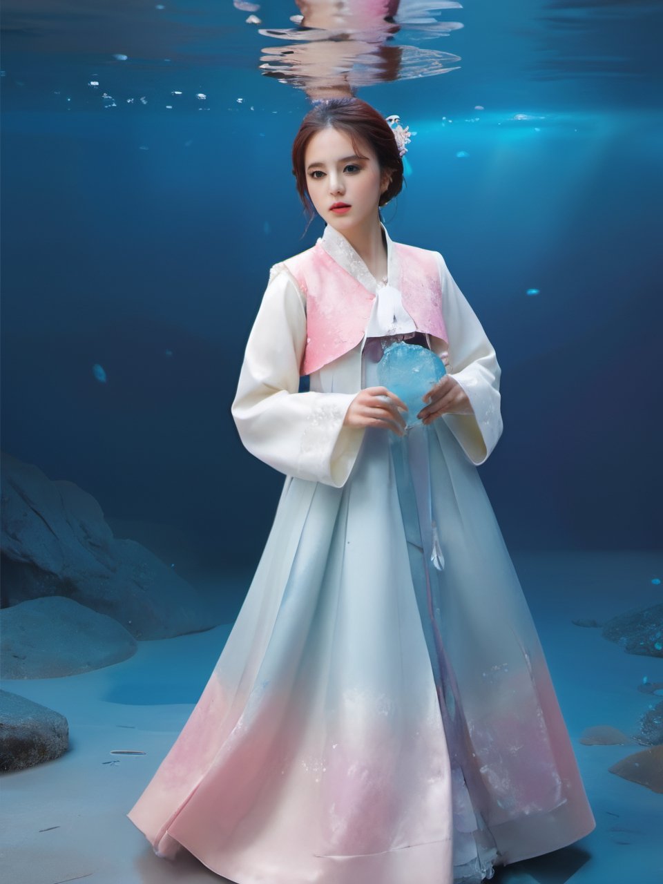 Masterpiece, top quality, official art, highly detailed CG 8k wallpaper, (petals) (detailed ice), crystal texture skin, cold pressed, (gorgeous hanbok), 22 year old Korean woman, full body, (pink hair), long hair, messy hair, blue eyes, looking at the audience, very delicate and beautiful, under water with strong light, (beautiful eyes), very detailed, movie lighting, (beautiful face), beautiful water surface, (original character painting), very Detail, incredibly meticulous, (very detailed and beautiful), beautiful meticulous eyes, (best quality)
,LinkGirl,xxmixgirl,3un,beautymix