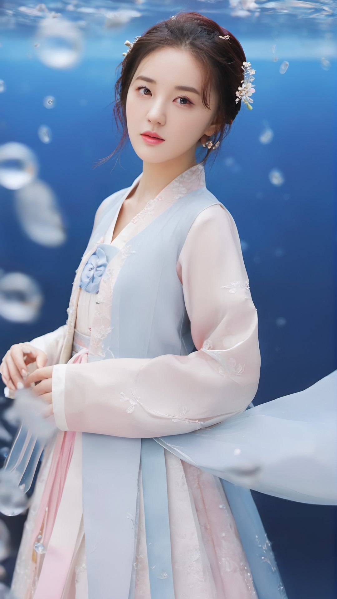 Masterpiece, top quality, official art, highly detailed CG 8k wallpaper, (petals) (detailed ice), crystal texture skin, cold pressed, (gorgeous hanbok), 22 year old Korean woman, full body, (pink hair), long hair, messy hair, blue eyes, looking at the audience, very delicate and beautiful, under water with strong light, (beautiful eyes), very detailed, movie lighting, (beautiful face), beautiful water surface, (original character painting), very Detail, incredibly meticulous, (very detailed and beautiful), beautiful meticulous eyes, (best quality)
,LinkGirl,xxmixgirl,3un,beautymix,A girl dancing 