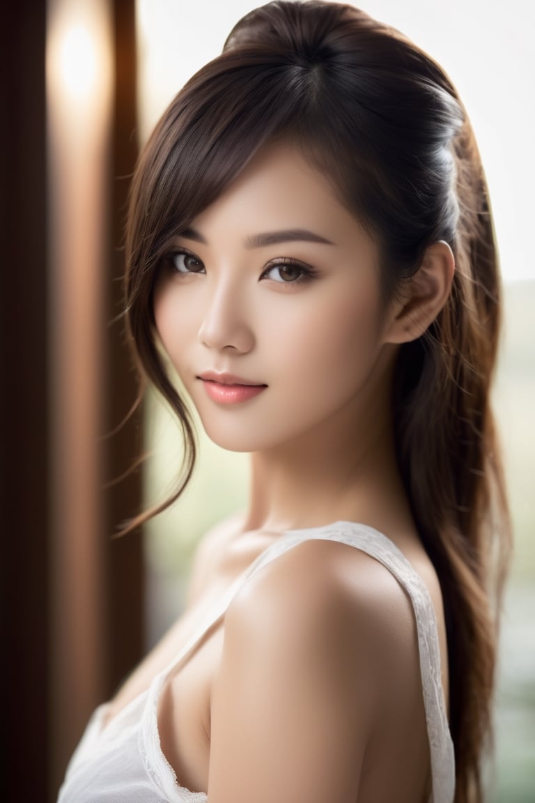 1 pretty mixed asian girl ,  photorealistic, sex appeal, charming, seductive posture, best quality,  masterpiece, face to viewer, smile, sharp focus on eyes