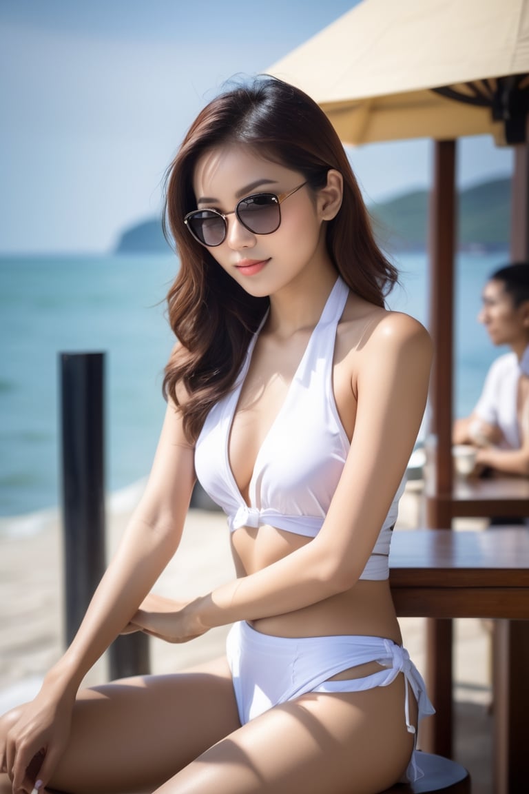 1 pretty mixed asian girl ,  photorealistic, sex appeal, charming, seductive posture, best quality,  masterpiece, face to viewer, smile, sharp focus on eyes, frontal pose, at the Cafe by the sea, Wear bikini, sunglasses on head , Holding a board in hand and writing "0933401315"