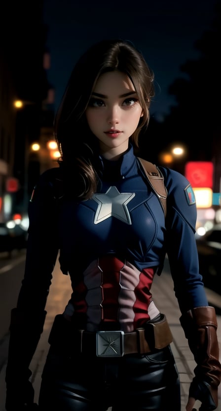 centered, upper body, masterpiece, | female captain america, standing, looking at viewer, | city, urban, street, city lights, | night, bokeh, depth of field, gheayoubi