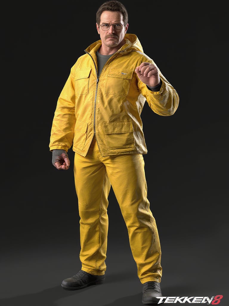 tk8_style, TOK man, a 3D rendering of a male character. Walter White with wire framed glasses and a mustache wearing yellow  Hazmat Costume. fullbody.  fight pose. The background is a solid black, creating a stark contrast to the woman's outfit. The word "TEKKEN8" is written in the lower right corner of the image.