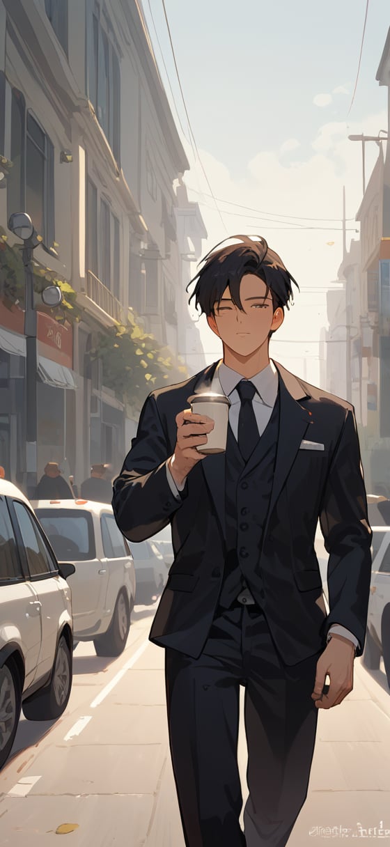 Score_9, Score_8_up, Score_7_up, Score_6_up, Score_5_up, Score_4_up,

1boy black hair, a very handsome man, wearing a black suit,day, sunrice, city, modern city, walking,man crossing the street in the pedestrian zone, holding a cup of coffee in one hand and a cell phone in the other, distracted, ciel_phantomhive,jaeggernawt,perfect finger,more detail XL