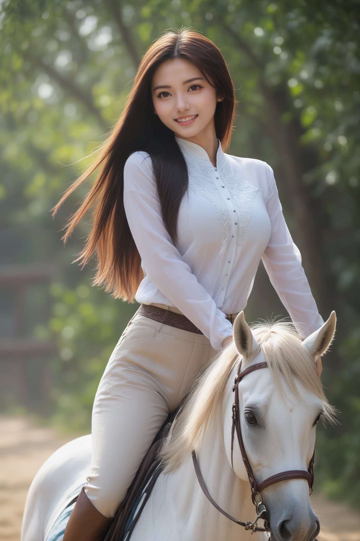 1 woman, on a horse, chinese_clothes, tulle t-shirt, long riding breeches , 18 years old,  beautiful face, huge breasts, long straight hair,  smile, looking at the viewer,  (photorealistic, raw photo),Wonder of Beauty,girl銆�,photo r3al