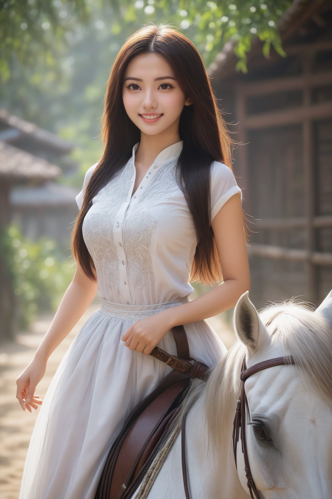 1 woman, Lead a horse,chinese_clothes, tulle t-shirt, long riding breeches , 18 years old,  beautiful face, huge breasts, long straight hair,  smile, looking at the viewer,  (photorealistic, raw photo),Wonder of Beauty,girl銆�,photo r3al