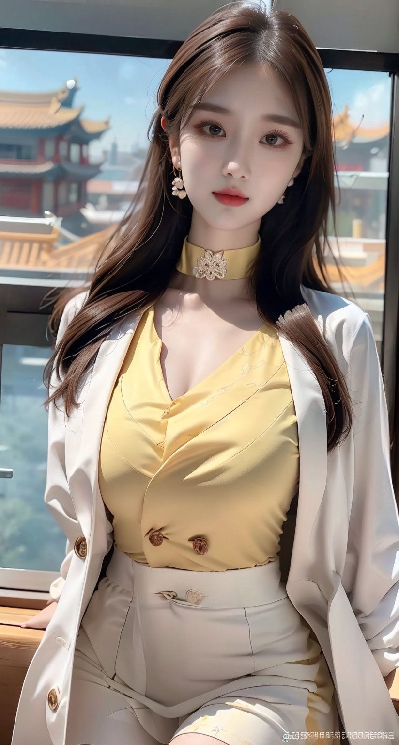 (Realistic, Photorealistic: 1.37), labcoat, white coat, K-Pop idol, ((highest quality)), ((intricate details)), ((surrealistic)), absurd resolution, 18 years old, young , chinese woman, point view, highly detailed illustration,  huge breasted, perfect hands, detailed fingers, beautifully detailed eyes, medium long hair, brown eyes, (turtleneck: 0.2), tight skirt:0.2, Detailed background, choker, perfect eyes, enchanting eyes, looking. Viewed from the front,girl